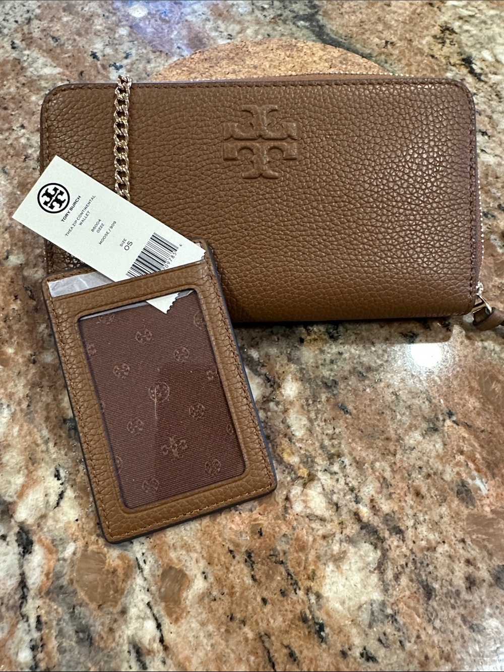 Tory Burch Brown Pebbled Leather Zip Wallet with Matching Card Holder